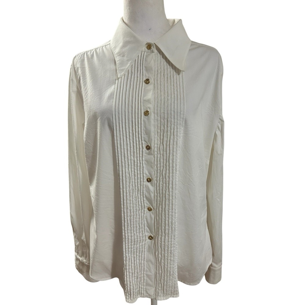 St John Sport By Marie Gray White Button Down Shirt. Pleated, Gold Buttons Sz L